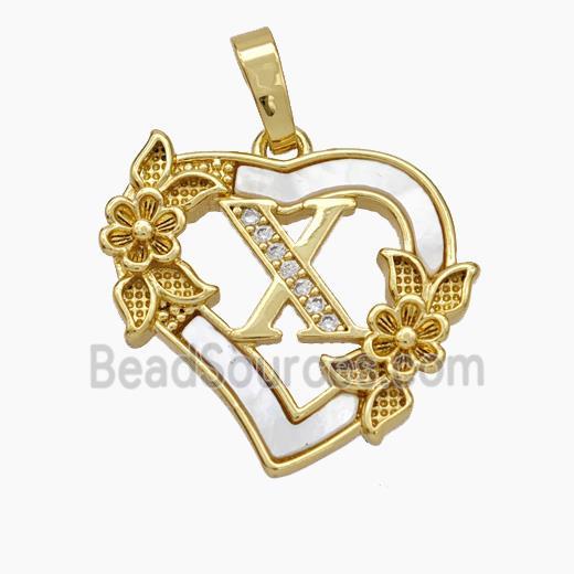 Copper Heart Pendant Pave Shell Zirconia Letter-X Flower 18K Gold Plated