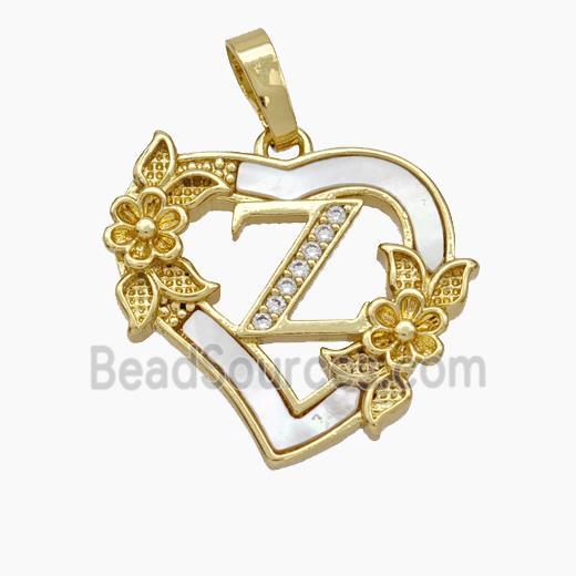 Copper Heart Pendant Pave Shell Zirconia Letter-X Flower 18K Gold Plated