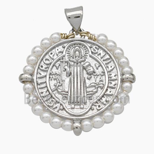 Copper Jesus Pendant With Pearlized Resin Wire Wrapped Platinum Plated