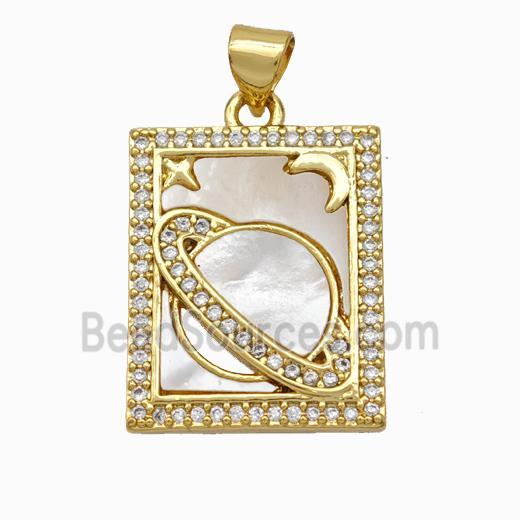 Copper Tarot Card Pendant Pave Shell Zirconia Planet Moon 18K Gold Plated
