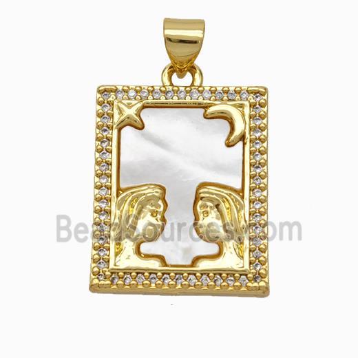 Copper Tarot Card Pendant Pave Shell Zirconia Zodiac Gemini 18K Gold Plated