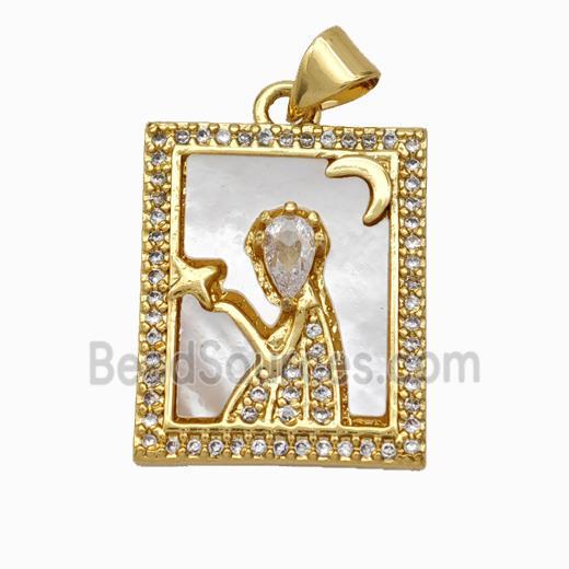 Copper Tarot Card Pendant Pave Shell Zirconia Zodiac Virgo 18K Gold Plated