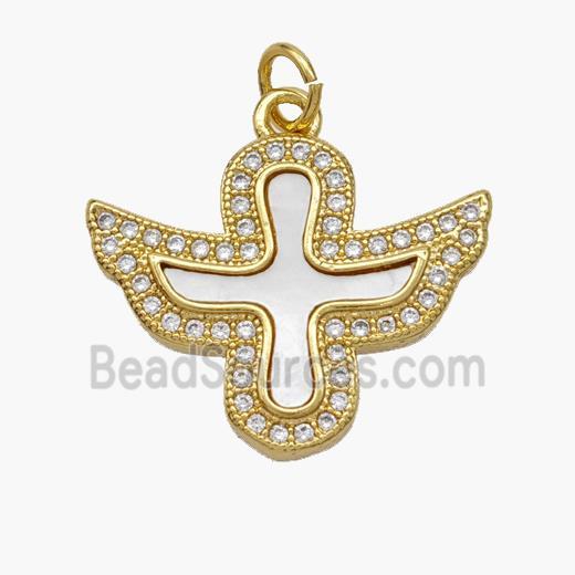 Copper Cross Pendant Pave Shell Zirconia Angel Wings 18K Gold Plated