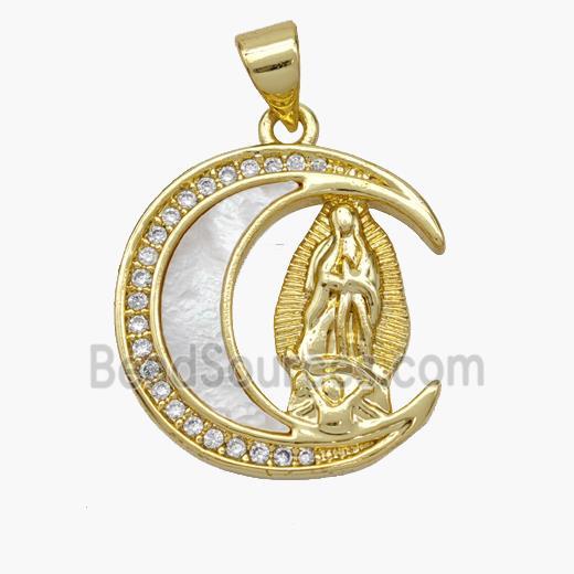 Copper Jesus Pendant Pave Shell Zirconia Moon 18K Gold Plated