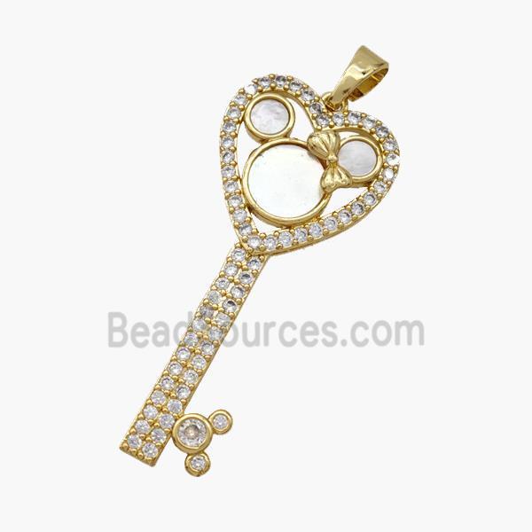 Copper Key Pendant Pave Shell Zirconia 18K Gold Plated