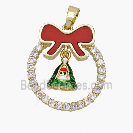 Christmas Bell Copper Bow Pendant Pave Shell Zirconia Painted 18K Gold Plated