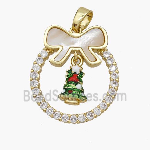 Christmas Tree Copper Bow Pendant Pave Shell Zirconia Painted 18K Gold Plated