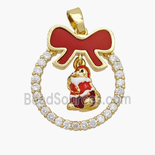 Christmas Santa Claus Copper Bow Pendant Pave Shell Zirconia Painted 18K Gold Plated