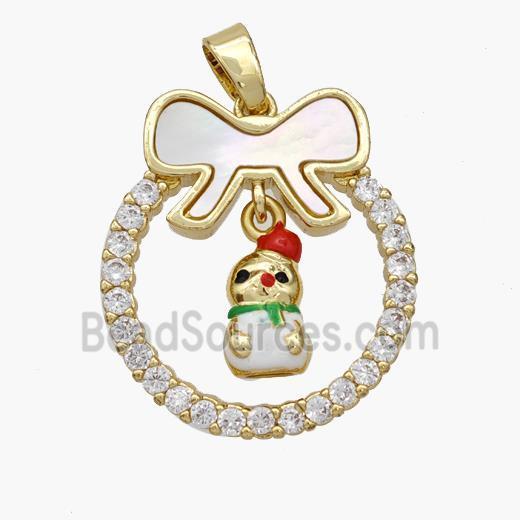 Christmas Snowman Copper Bow Pendant Pave Shell Zirconia Painted 18K Gold Plated
