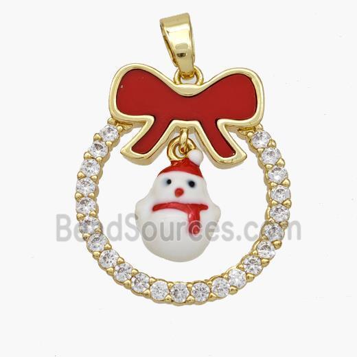 Christmas Snowman Copper Bow Pendant Pave Shell Zirconia Painted 18K Gold Plated