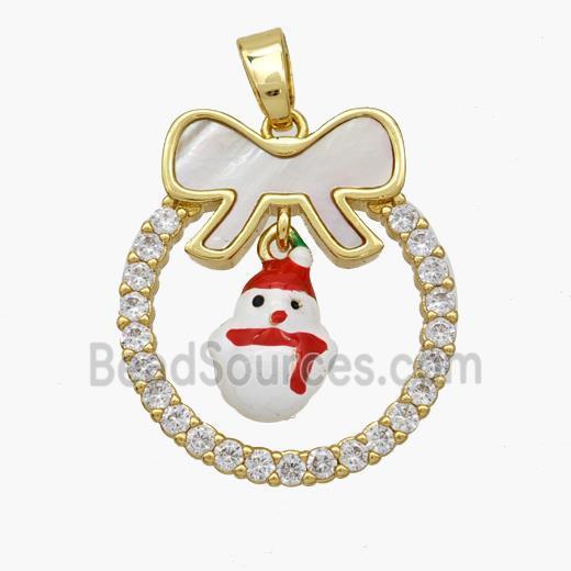 Christmas Snowman Copper Bow Pendant Pave Shell Zirconia Painted 18K Gold Plated