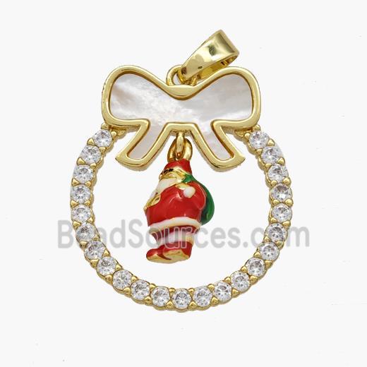 Christmas Santa Claus Copper Bow Pendant Pave Shell Zirconia Enamel 18K Gold Plated