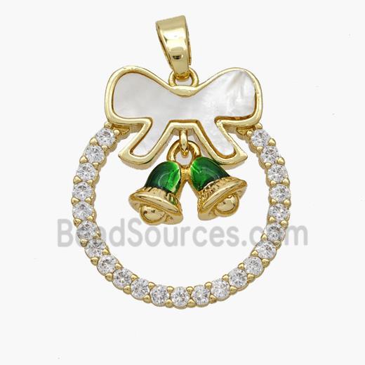 Christmas Bell Copper Bow Pendant Pave Shell Zirconia Painted 18K Gold Plated