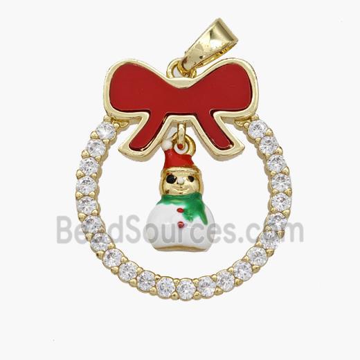 Christmas Snowman Copper Bow Pendant Pave Shell Zirconia Painted 18K Gold Plated