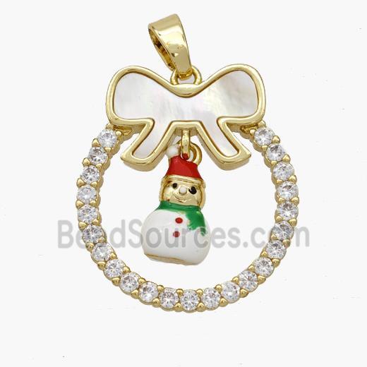 Christmas Snowman Copper Bow Pendant Pave Shell Zirconia Painted 18K Gold Plated