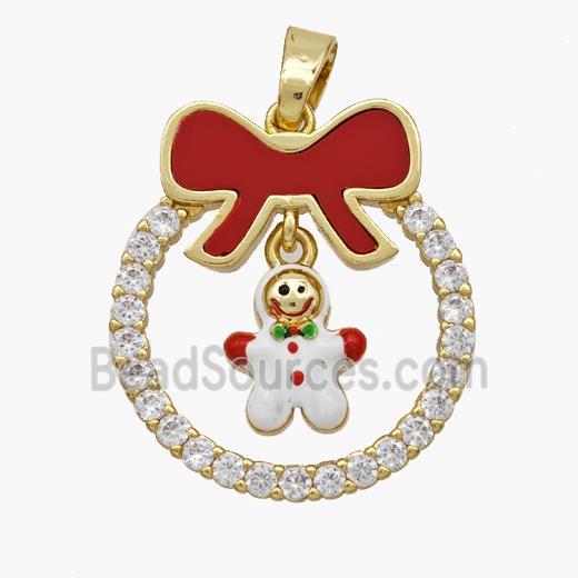 Christmas Snowman Copper Bow Pendant Pave Shell Zirconia Painted 18K Gold Plated