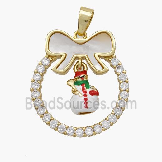 Christmas Snowman Copper Bow Pendant Pave Shell Zirconia Enamel 18K Gold Plated