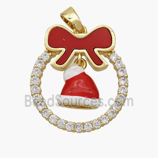 Christmas Hat Copper Bow Pendant Pave Shell Zirconia Enamel 18K Gold Plated