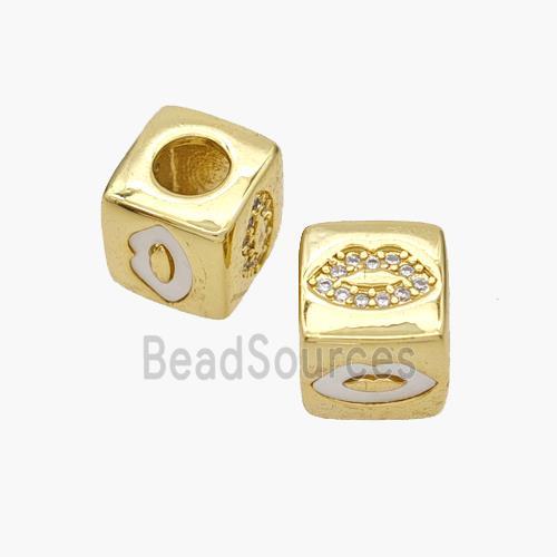 Copper Cube Beads Pave Shell Zirconia Lips Large Hole 18K Gold Plated