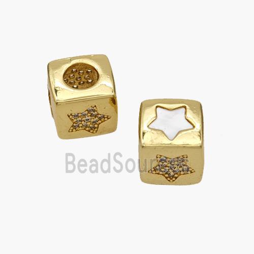 Copper Cube Beads Pave Shell Zirconia Star Large Hole 18K Gold Plated