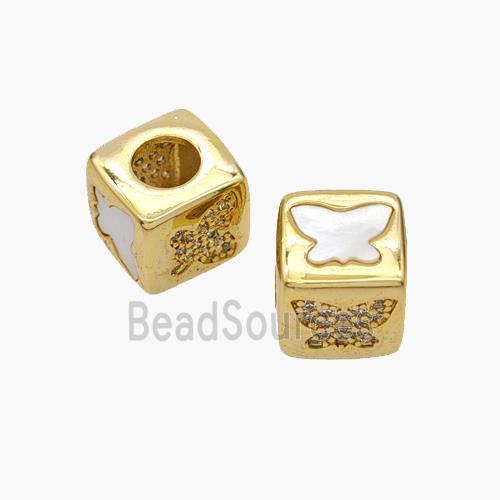 Copper Cube Beads Pave Shell Zirconia Butterfly Large Hole 18K Gold Plated