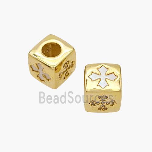 Copper Cube Beads Pave Shell Zirconia Cross Large Hole 18K Gold Plated