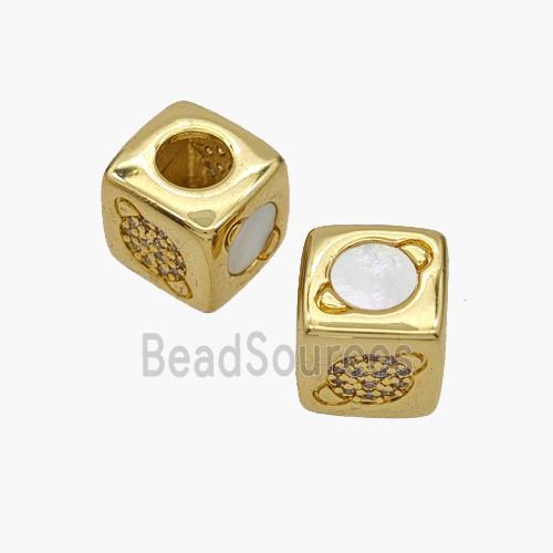 Copper Cube Beads Pave Shell Zirconia Planet Large Hole 18K Gold Plated