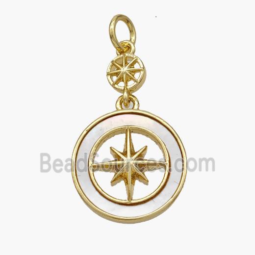 Copper Compass Pendant Pave Shell Gold Plated