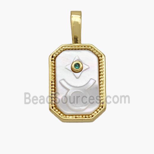 Copper Rectangle Pendant Pave Shell Zodiac Taurus 18K Gold Plated