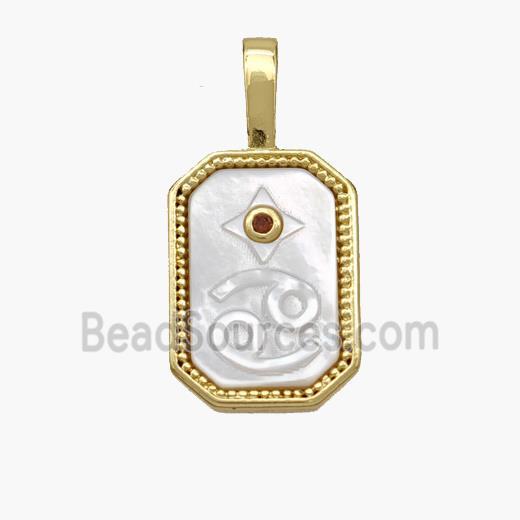 Copper Rectangle Pendant Pave Shell Zodiac Cancer 18K Gold Plated