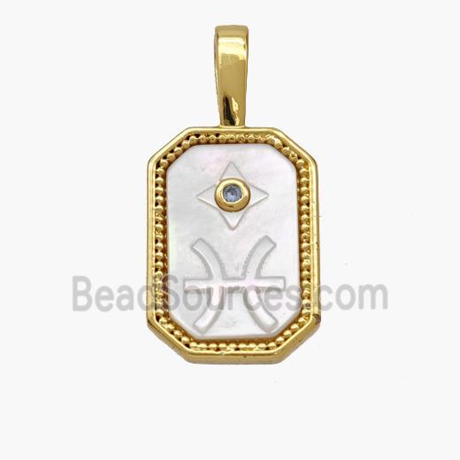 Copper Rectangle Pendant Pave Shell Zodiac Pisces 18K Gold Plated