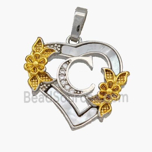 Copper Heart Pendant Pave Shell Zirconia Letter-C Platinum Plated 18K Gold Flower