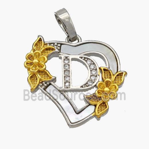 Copper Heart Pendant Pave Shell Zirconia Letter-D Platinum Plated 18K Gold Flower