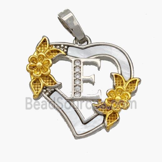 Copper Heart Pendant Pave Shell Zirconia Letter-E Platinum Plated 18K Gold Flower
