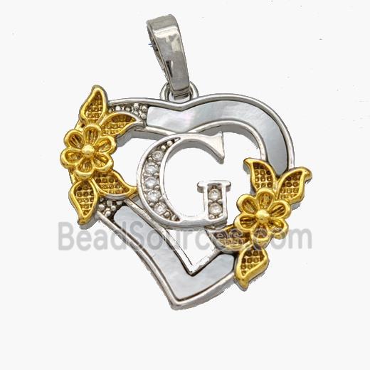 Copper Heart Pendant Pave Shell Zirconia Letter-G Platinum Plated 18K Gold Flower