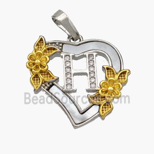Copper Heart Pendant Pave Shell Zirconia Letter-H Platinum Plated 18K Gold Flower