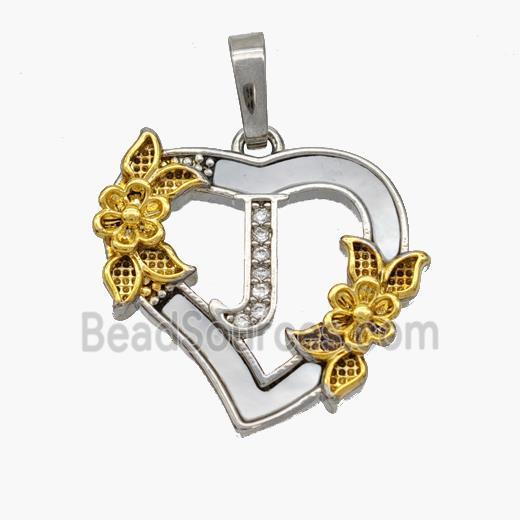 Copper Heart Pendant Pave Shell Zirconia Letter-J Platinum Plated 18K Gold Flower