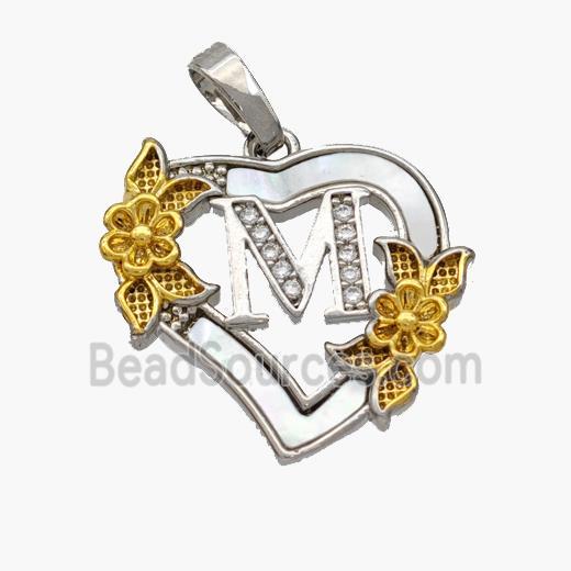 Copper Heart Pendant Pave Shell Zirconia Letter-M Platinum Plated 18K Gold Flower