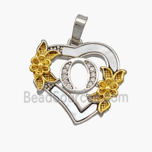 Copper Heart Pendant Pave Shell Zirconia Letter-O Platinum Plated 18K Gold Flower