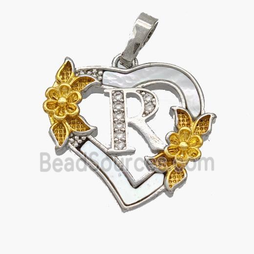 Copper Heart Pendant Pave Shell Zirconia Letter-R Platinum Plated 18K Gold Flower