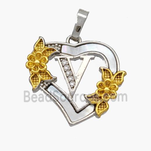Copper Heart Pendant Pave Shell Zirconia Letter-V Platinum Plated 18K Gold Flower