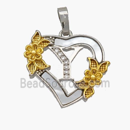 Copper Heart Pendant Pave Shell Zirconia Letter-Y Platinum Plated 18K Gold Flower