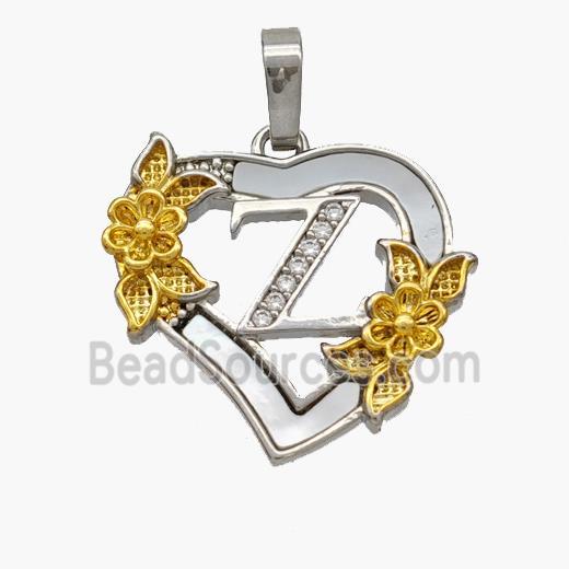 Copper Heart Pendant Pave Shell Zirconia Letter-Z Platinum Plated 18K Gold Flower