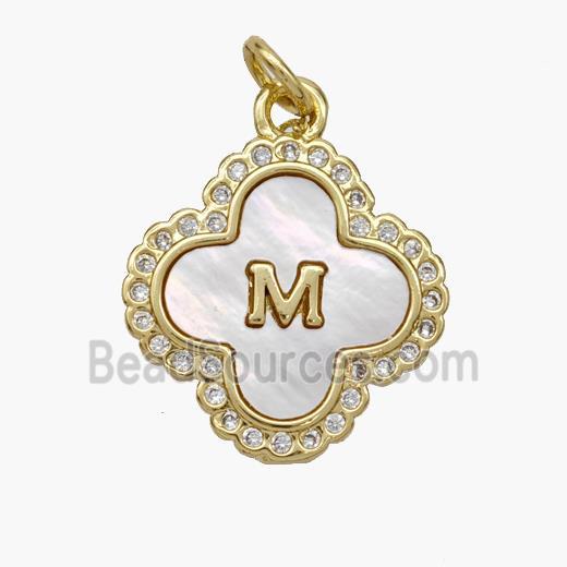 Copper Clover Pendant Pave Shell Zirconia Letter-M 18K Gold Plated