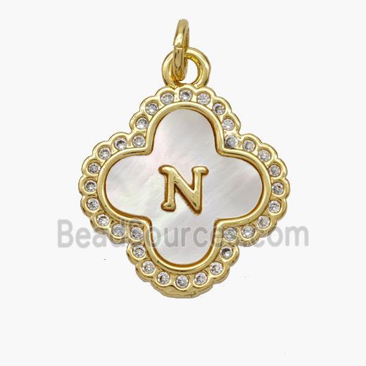 Copper Clover Pendant Pave Shell Zirconia Letter-N 18K Gold Plated