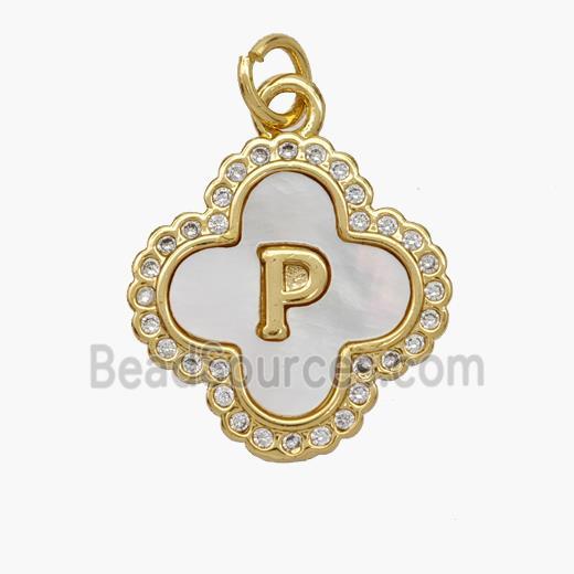 Copper Clover Pendant Pave Shell Zirconia Letter-P 18K Gold Plated