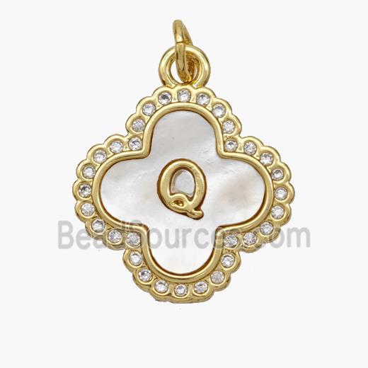 Copper Clover Pendant Pave Shell Zirconia Letter-Q 18K Gold Plated
