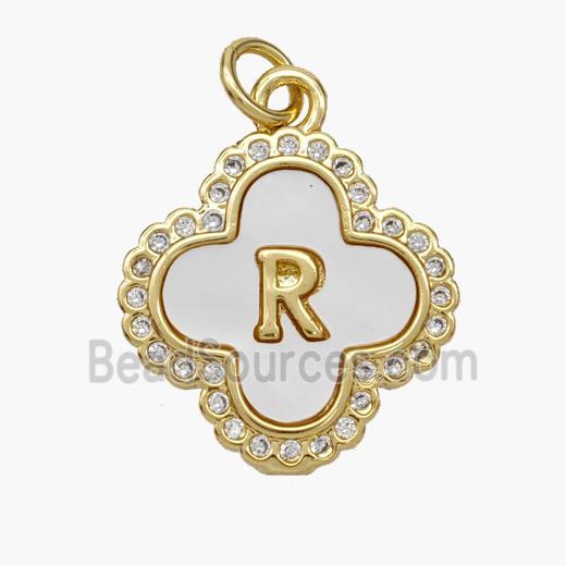 Copper Clover Pendant Pave Shell Zirconia Letter-R 18K Gold Plated