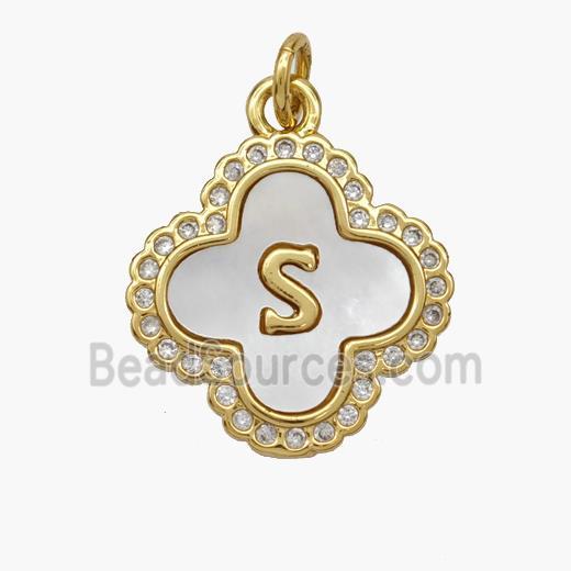 Copper Clover Pendant Pave Shell Zirconia Letter-S 18K Gold Plated
