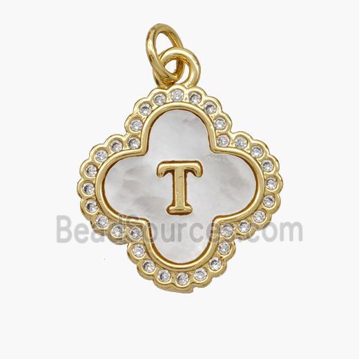 Copper Clover Pendant Pave Shell Zirconia Letter-T 18K Gold Plated